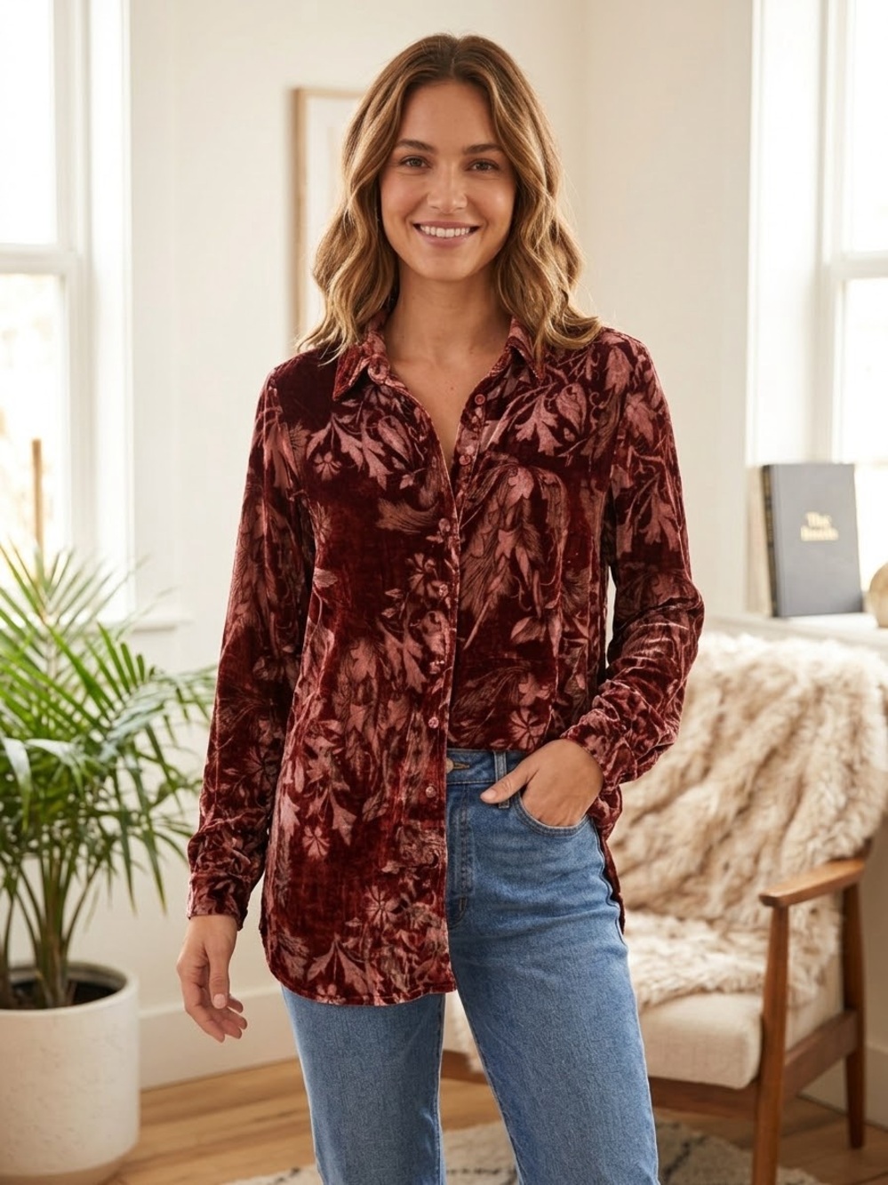 Soft Surroundings Top Womens medium Silk Blend Velvet Shirt Fall Floral Foliage